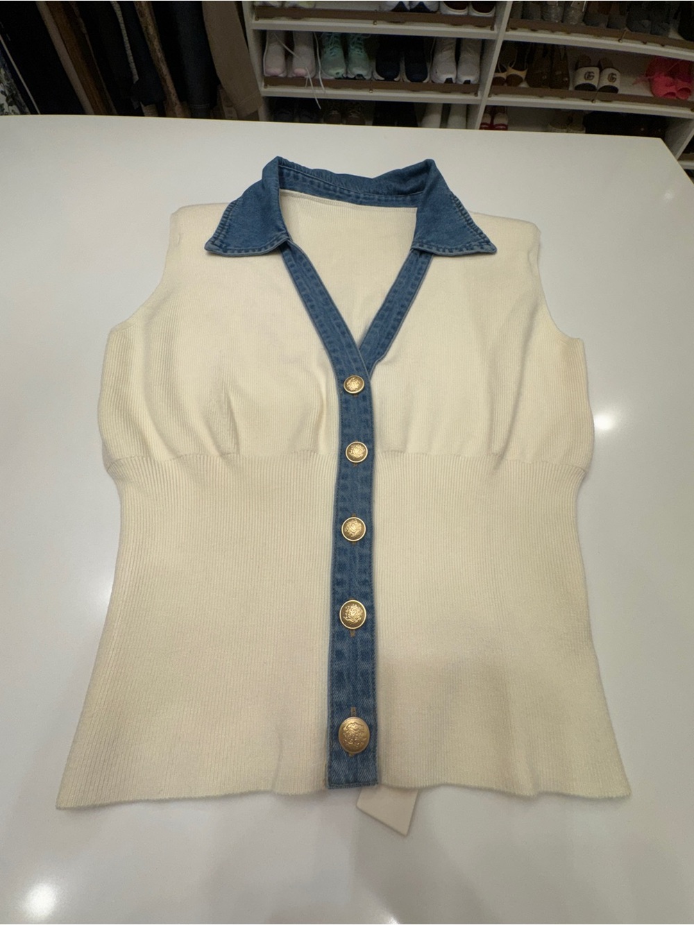 Commense Cream Knit Vest with Blue Denim Trim - Picture 9 of 14